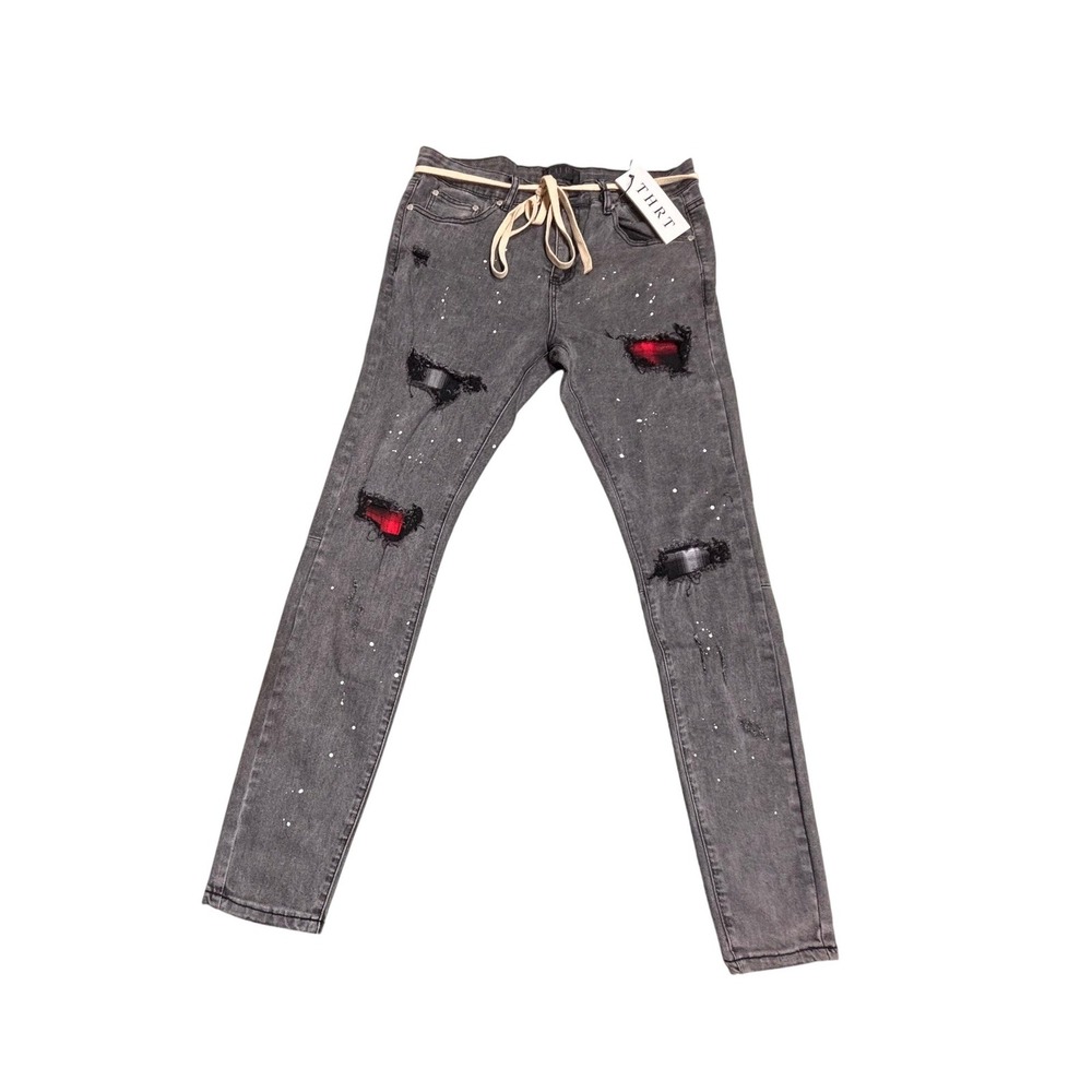 THRT Distressed Jeans Men Size 34 Paint Splatter Ripped Red Plaid Patch NWT